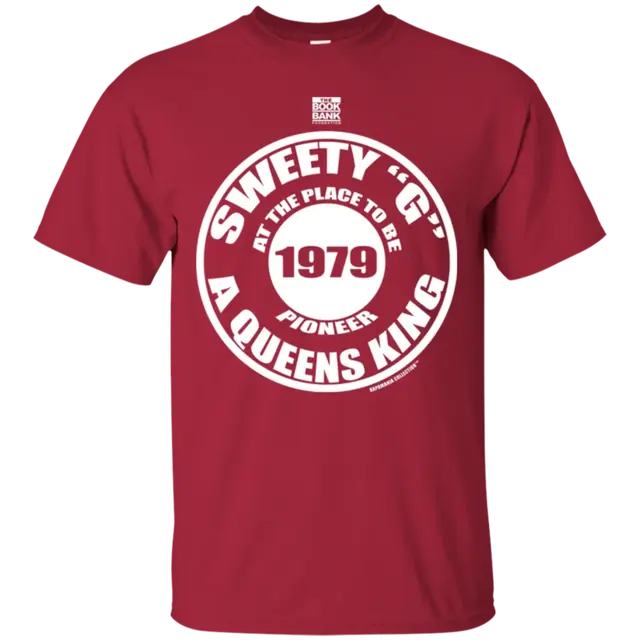 Red Sweety G T-shirt printed with At the Place to Be, A Queens King and 1979