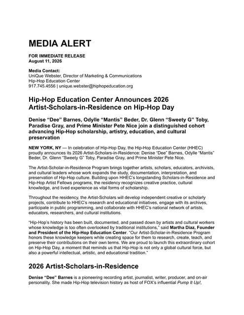 First page of HHEC’s August 11, 2026 media alert naming the five Artist-Scholars-in-Residence