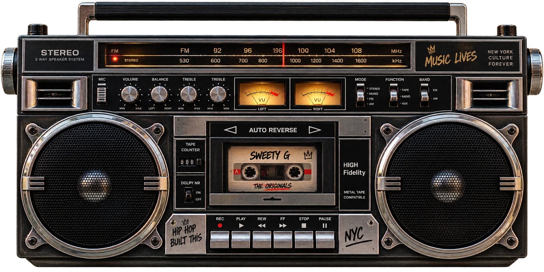 A 1980s Sweety G stereo boombox: two speakers, a lit FM tuner, twin VU meters and a cassette in the deck labelled Sweety G, The Originals