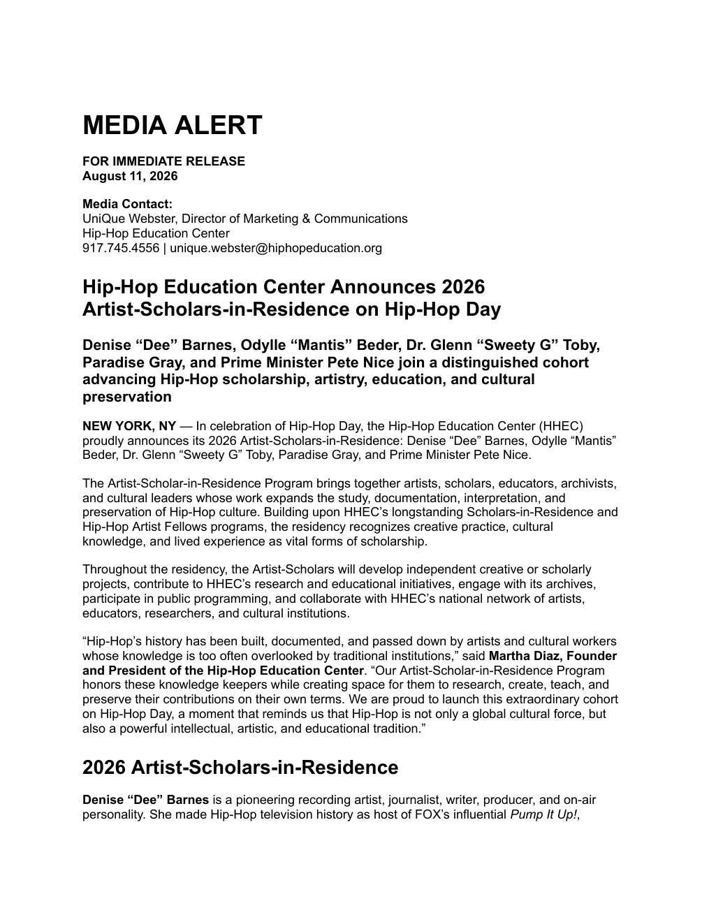 First page of HHEC’s August 11, 2026 media alert naming the five Artist-Scholars-in-Residence